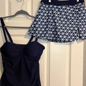 Navy Swimsuit with Patterned Skirt